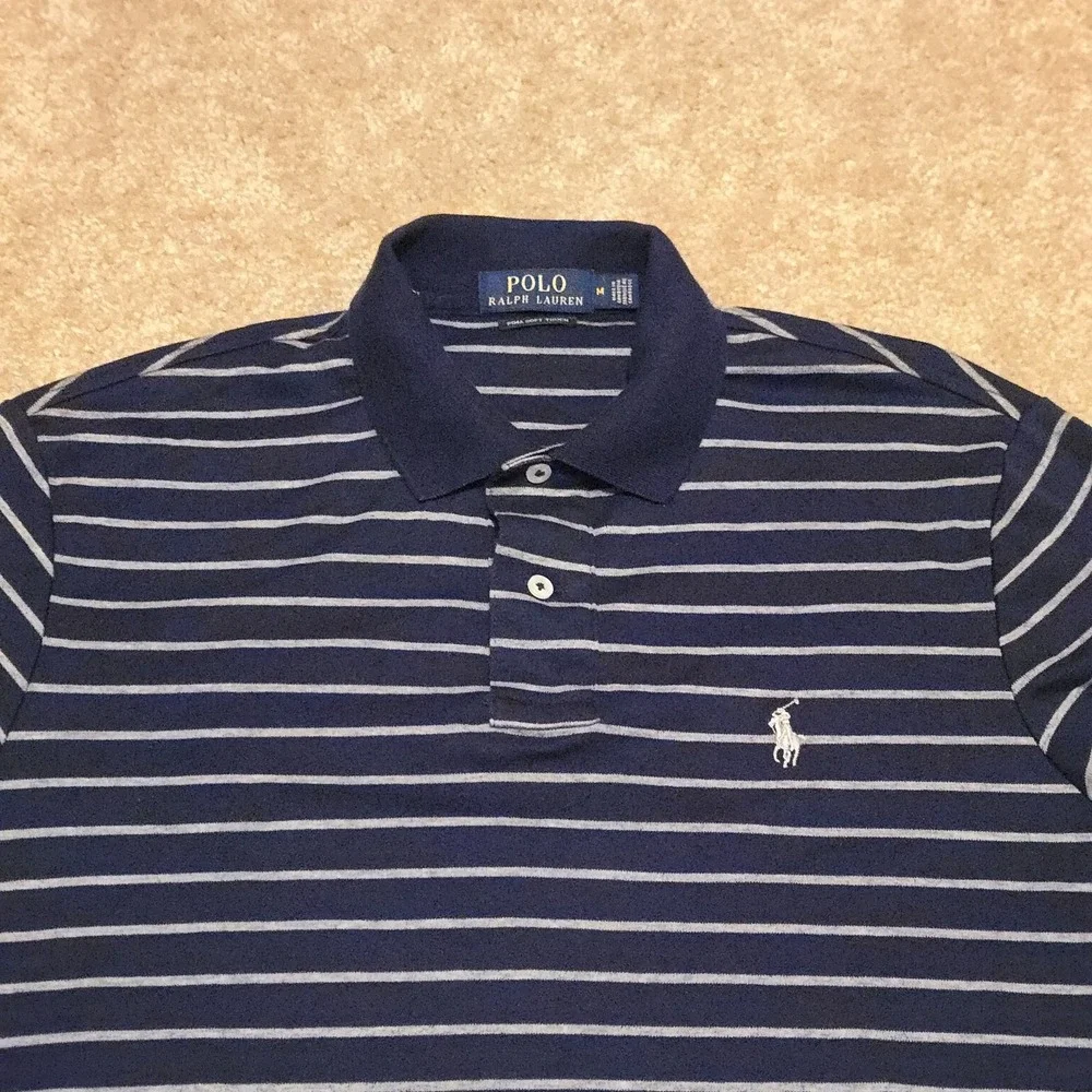 Polo Ralph Lauren Polo Shirt Mens Medium Blue Gray Striped Pima Cotton Pony Logo
